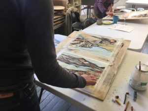 Drawing landscape with watercolour and charcoal