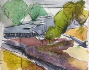 Landscape watercolour and charcoal by Ochre Lawson