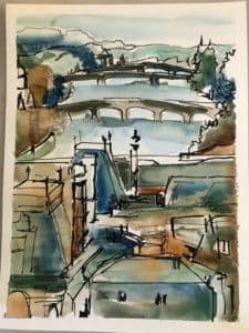 Uban landscape in ink and watercolour by a students